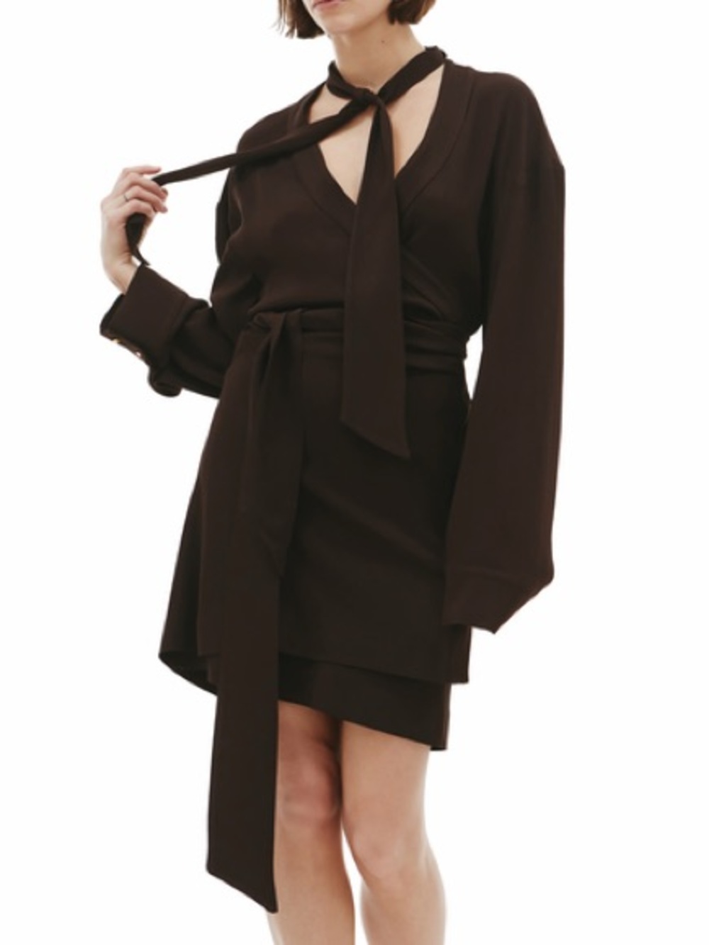 BLUMARINE Dark Brown Crossover Mini Long Sleeve Wrap Dress